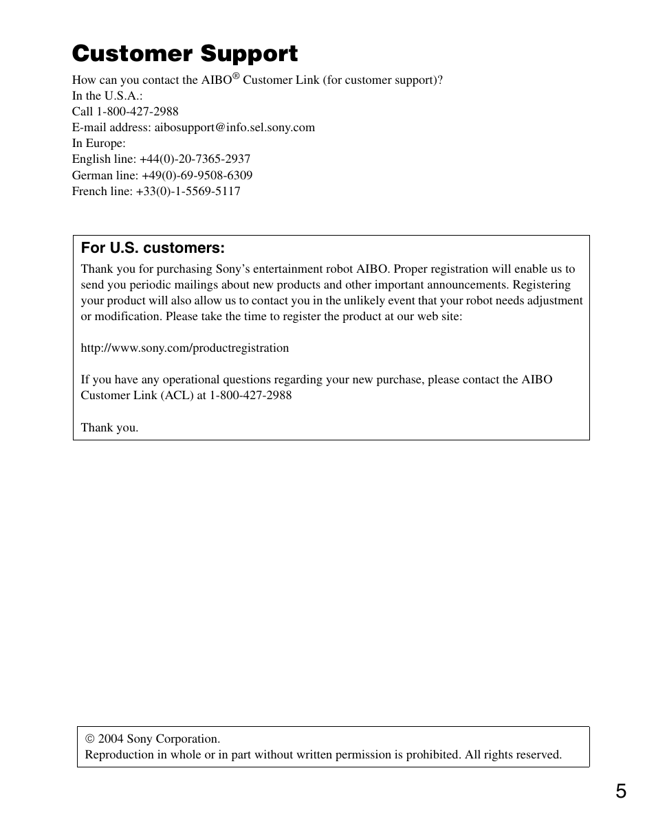 Customer support | Sony ERS-7M2 User Manual | Page 5 / 140