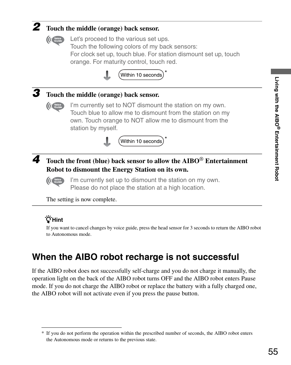 When the aibo robot recharge is not successful | Sony ERS-7M2 User Manual | Page 55 / 140