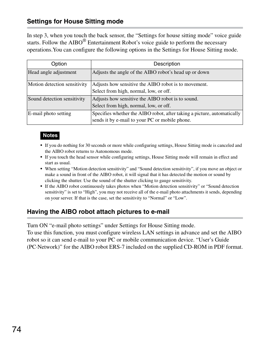 Settings for house sitting mode, Having the aibo robot attach pictures to e-mail | Sony ERS-7M2 User Manual | Page 74 / 140