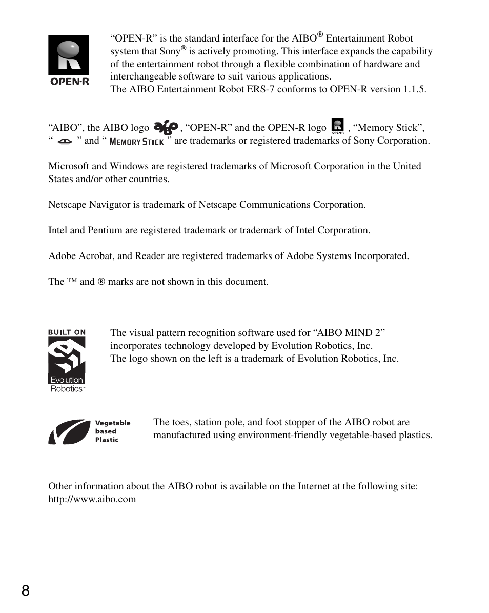 Sony ERS-7M2 User Manual | Page 8 / 140