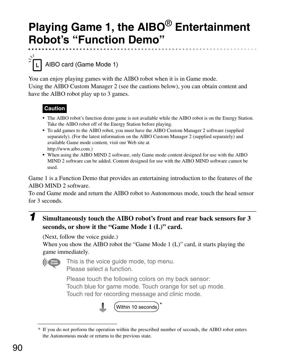 Playing game 1, the aibo, Entertainment robot’s “function demo | Sony ERS-7M2 User Manual | Page 90 / 140