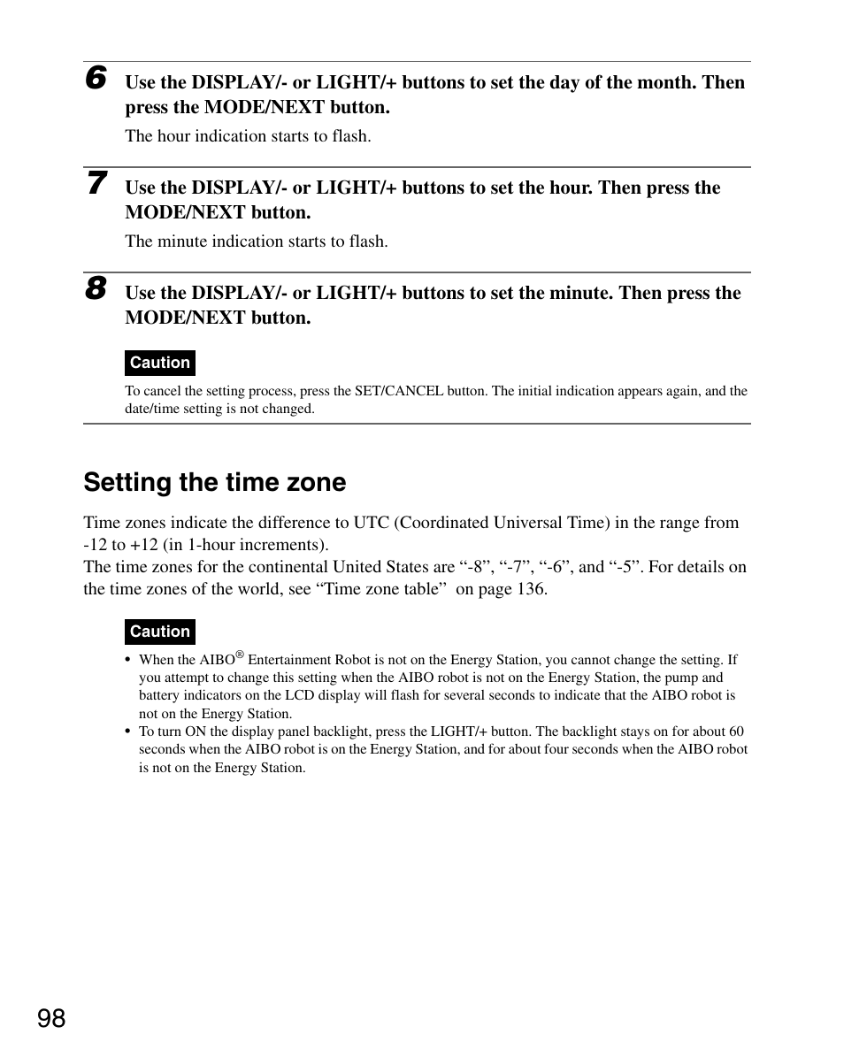 Setting the time zone | Sony ERS-7M2 User Manual | Page 98 / 140