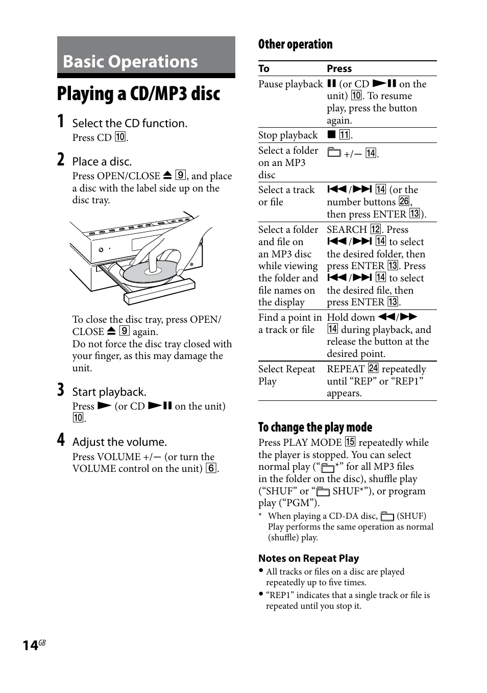 Basic operations, Playing a cd/mp3 disc, Other operation | Sony CMT-HX7BT User Manual | Page 14 / 40