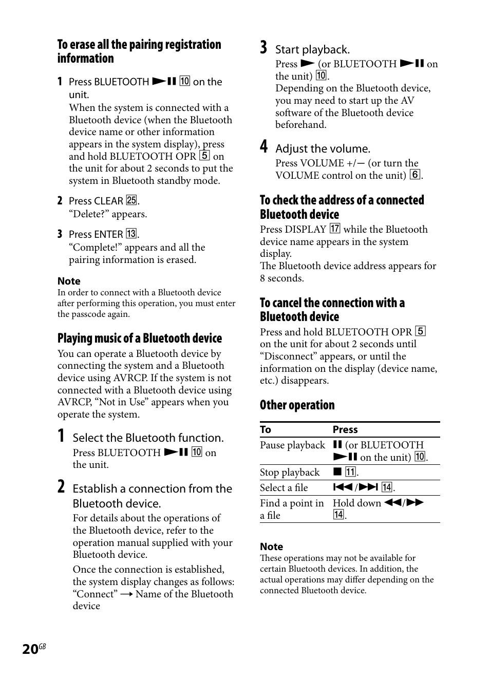 Playing music of a bluetooth device, Other operation | Sony CMT-HX7BT User Manual | Page 20 / 40