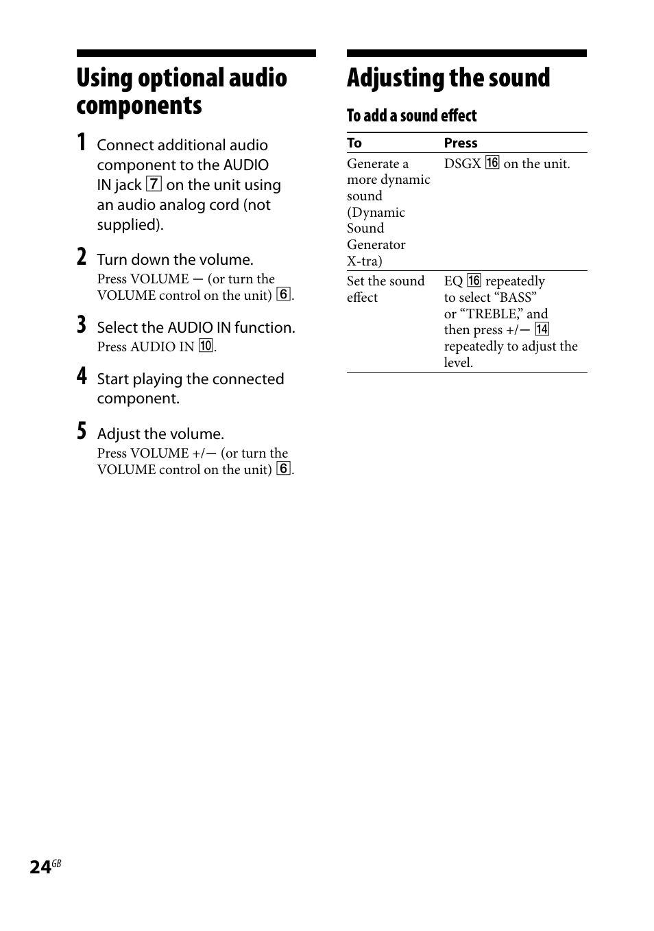 Using optional audio components, Adjusting the sound, Using optional audio | Components adjusting the sound | Sony CMT-HX7BT User Manual | Page 24 / 40