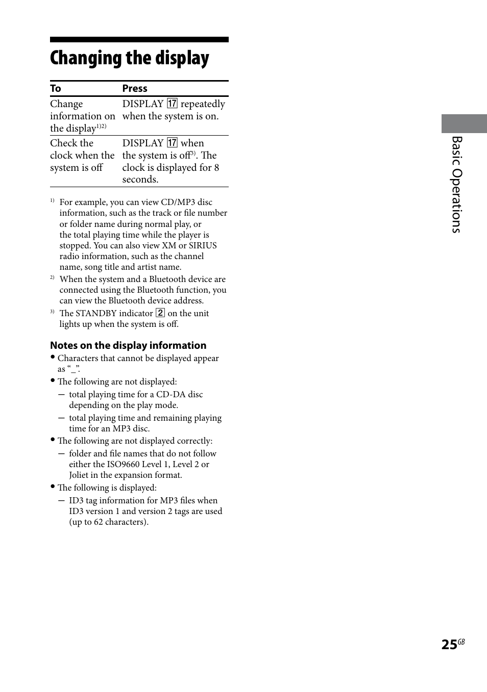 Changing the display, Basic oper ations | Sony CMT-HX7BT User Manual | Page 25 / 40