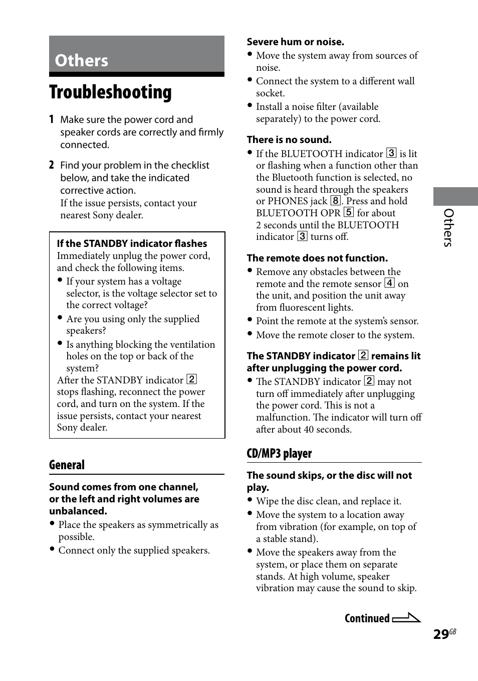 Others, Troubleshooting, General | Cd/mp3 player | Sony CMT-HX7BT User Manual | Page 29 / 40