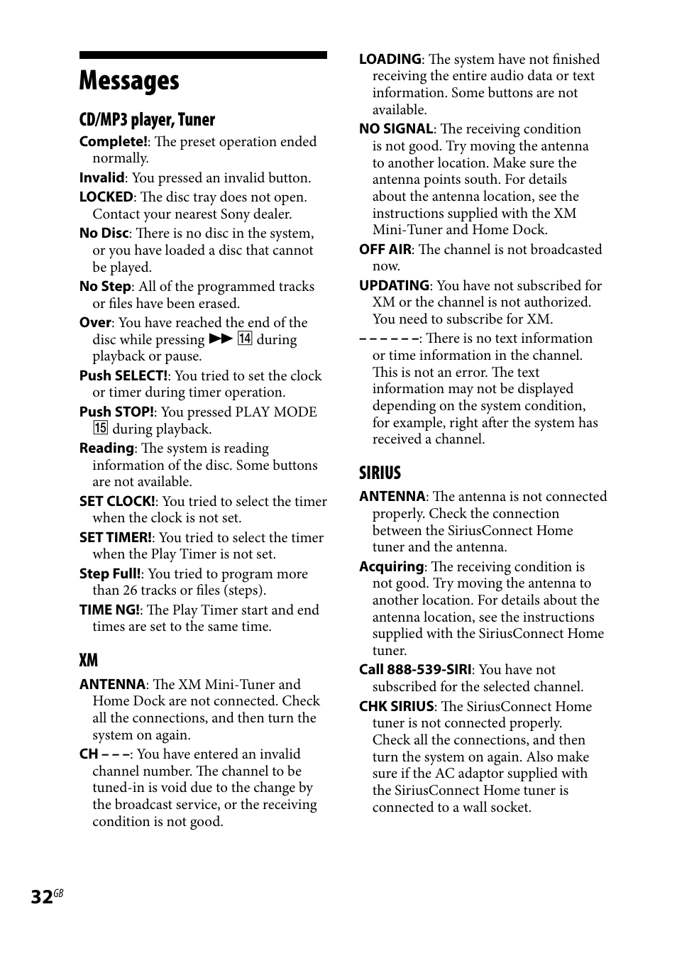 Messages, Cd/mp3 player, tuner, Sirius | Sony CMT-HX7BT User Manual | Page 32 / 40