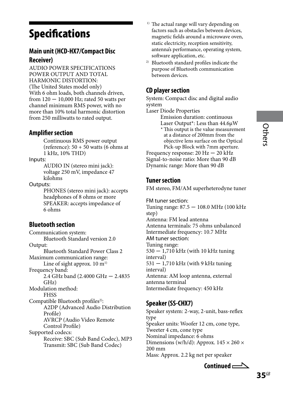 Specifications, Others, Main unit (hcd-hx7/compact disc receiver) | Speaker (ss-chx7), Continued | Sony CMT-HX7BT User Manual | Page 35 / 40