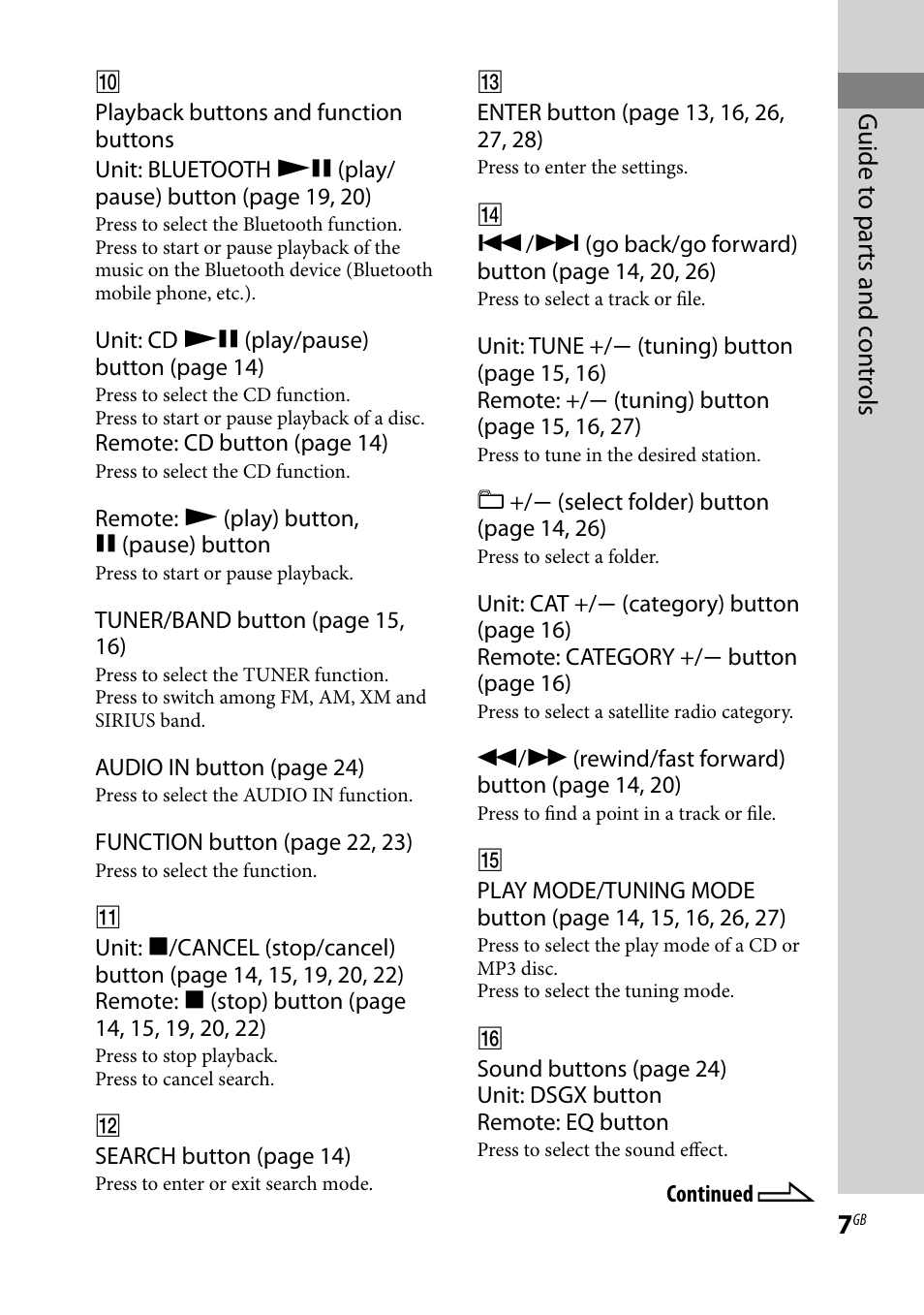 Guide t o par ts and c on tr ols | Sony CMT-HX7BT User Manual | Page 7 / 40