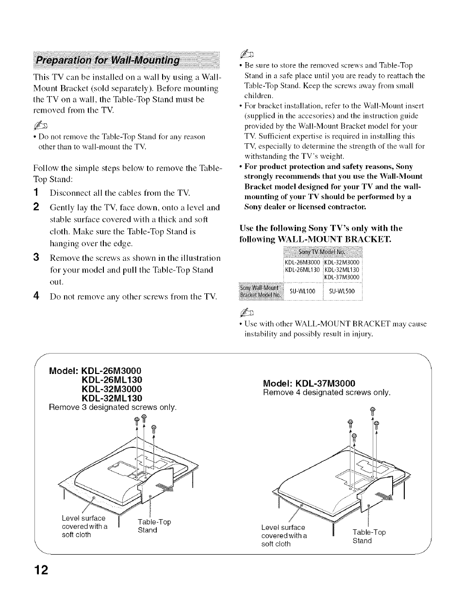 Preparation for w all-m ounting | Sony Bravia KDL- 32ML 13fi User Manual | Page 12 / 48