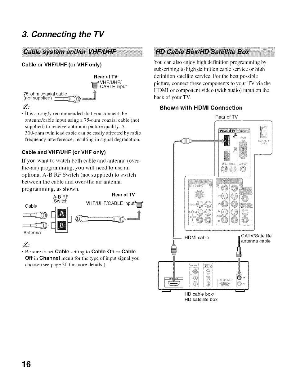 Cable or vhf/uhf (or vhf only), Cable and vhf/uhf (or vhf only), Shown with hdmi connection | Connecting the tv, Cable system and/or vhf/uhf, Hd cable box/hd satellite box | Sony Bravia KDL- 32ML 13fi User Manual | Page 16 / 48