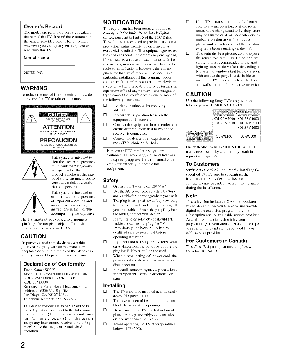 Warning, Caution, Declaration of conformity | Notification, Safety, Installing, To customers, Note, For customers in canada, Attention precaucion | Sony Bravia KDL- 32ML 13fi User Manual | Page 2 / 48