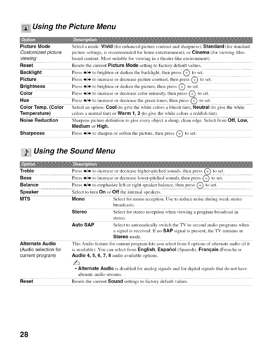 Using the picture menu, Customized picture viewing, Using the sound menu | Sony Bravia KDL- 32ML 13fi User Manual | Page 28 / 48