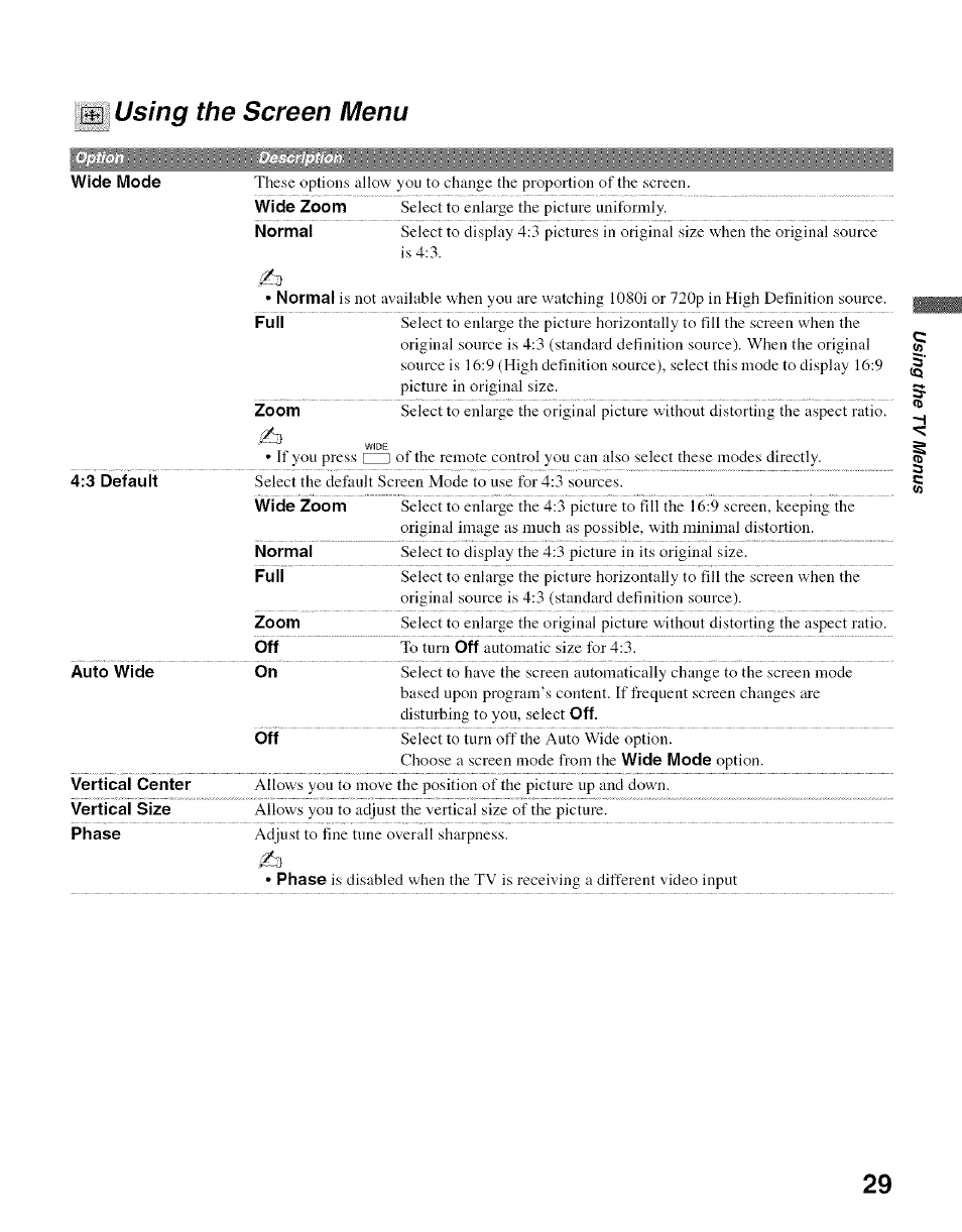 3 default, Full, Wide zoom | Normal full, Using the screen menu | Sony Bravia KDL- 32ML 13fi User Manual | Page 29 / 48