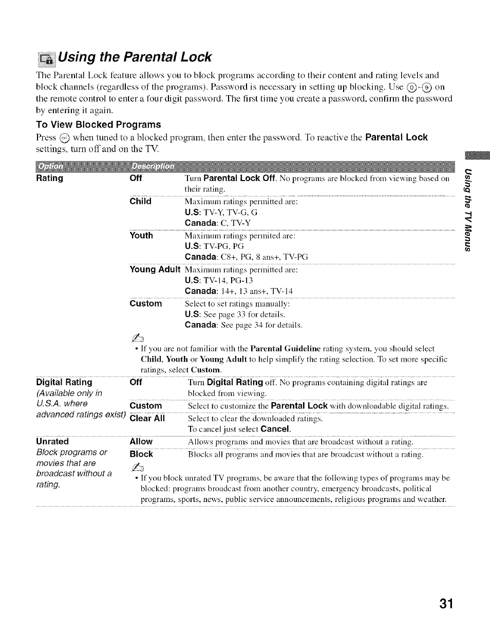 Rating, Unrated, Child | Youth, Digital rating, Custom clear all, Allow, Block, Using the parental lock | Sony Bravia KDL- 32ML 13fi User Manual | Page 31 / 48
