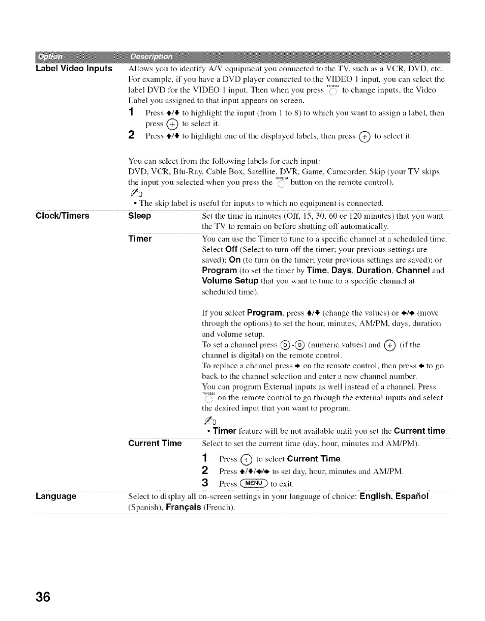Clock/timers, Sleep | Sony Bravia KDL- 32ML 13fi User Manual | Page 36 / 48