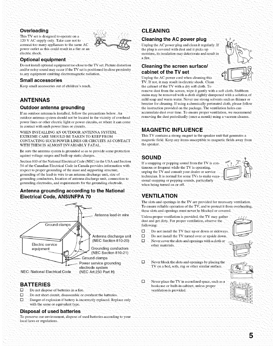 Antennas, Cleaning, Magnetic influence | Sound, Ventilation, Overloading, Optional equipment, Small accessories, Outdoor antenna grounding, Disposal of used batteries | Sony Bravia KDL- 32ML 13fi User Manual | Page 5 / 48