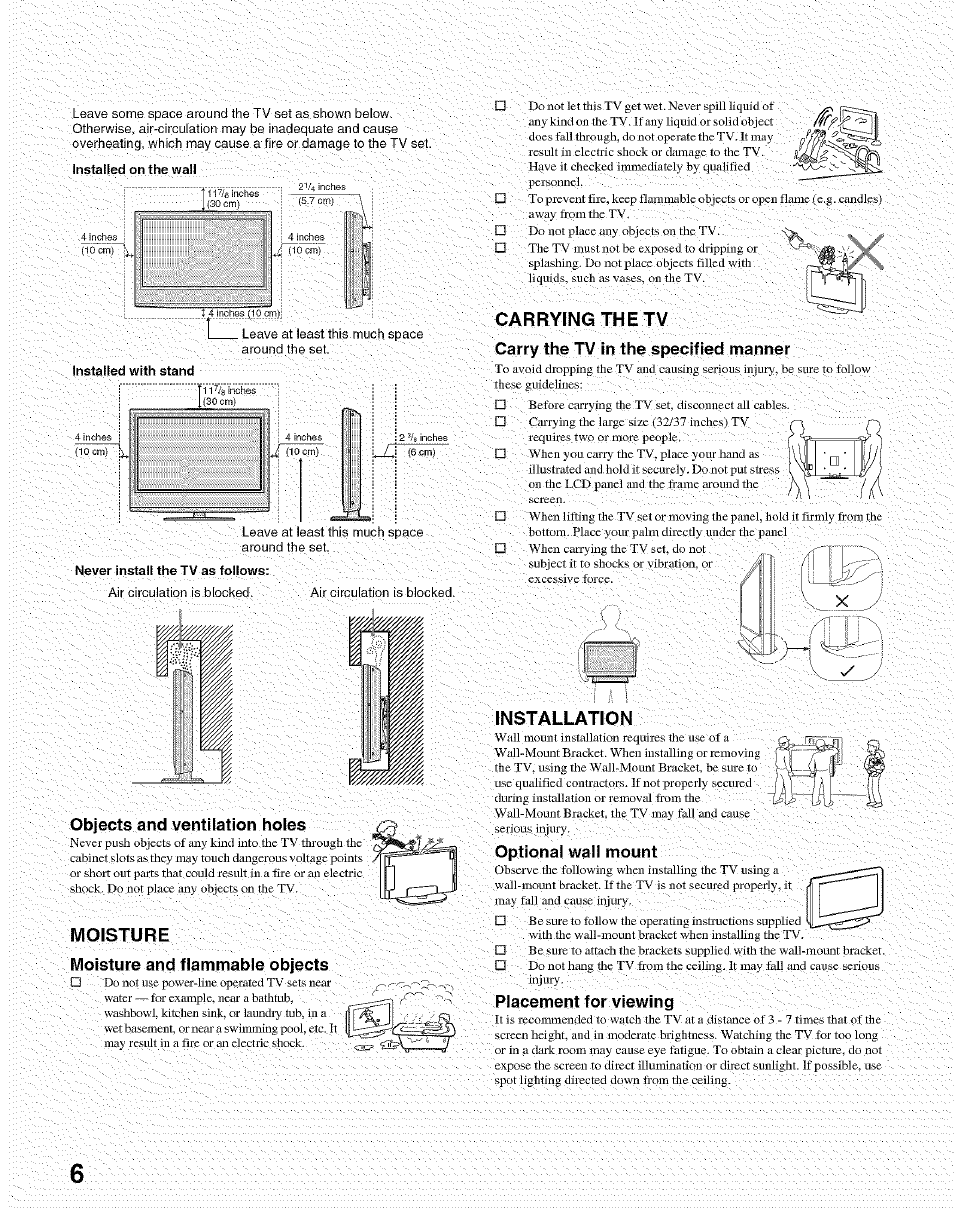 Moisture, Carrying the tv, Installation | Sony Bravia KDL- 32ML 13fi User Manual | Page 6 / 48
