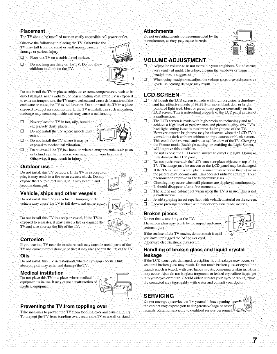 Volume adjustment, Lcd screen, Servicing | Sony Bravia KDL- 32ML 13fi User Manual | Page 7 / 48