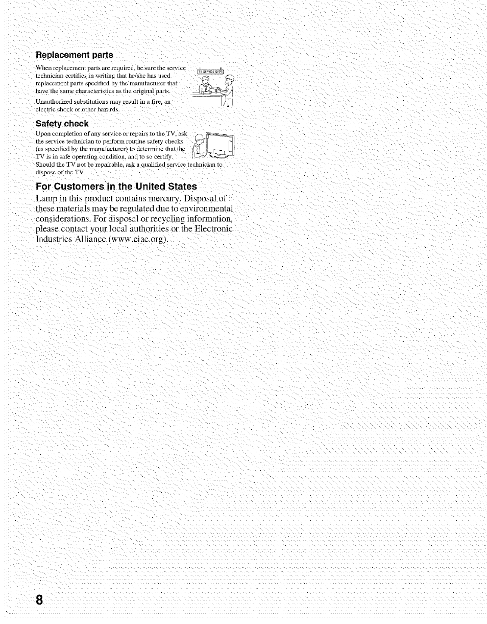 Replacement parts, Safety check | Sony Bravia KDL- 32ML 13fi User Manual | Page 8 / 48