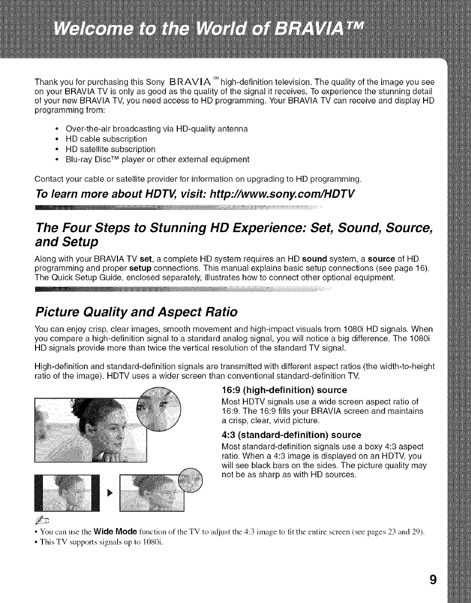 Picture quaiity and aspect ratio | Sony Bravia KDL- 32ML 13fi User Manual | Page 9 / 48