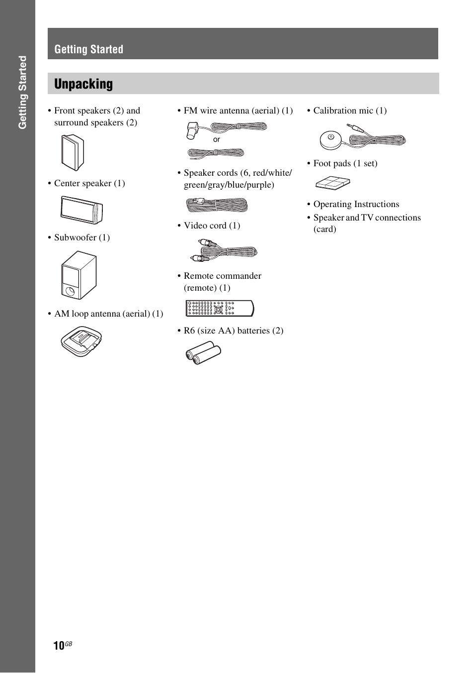 Getting started, Unpacking | Sony DAV-DZ270 User Manual | Page 10 / 112