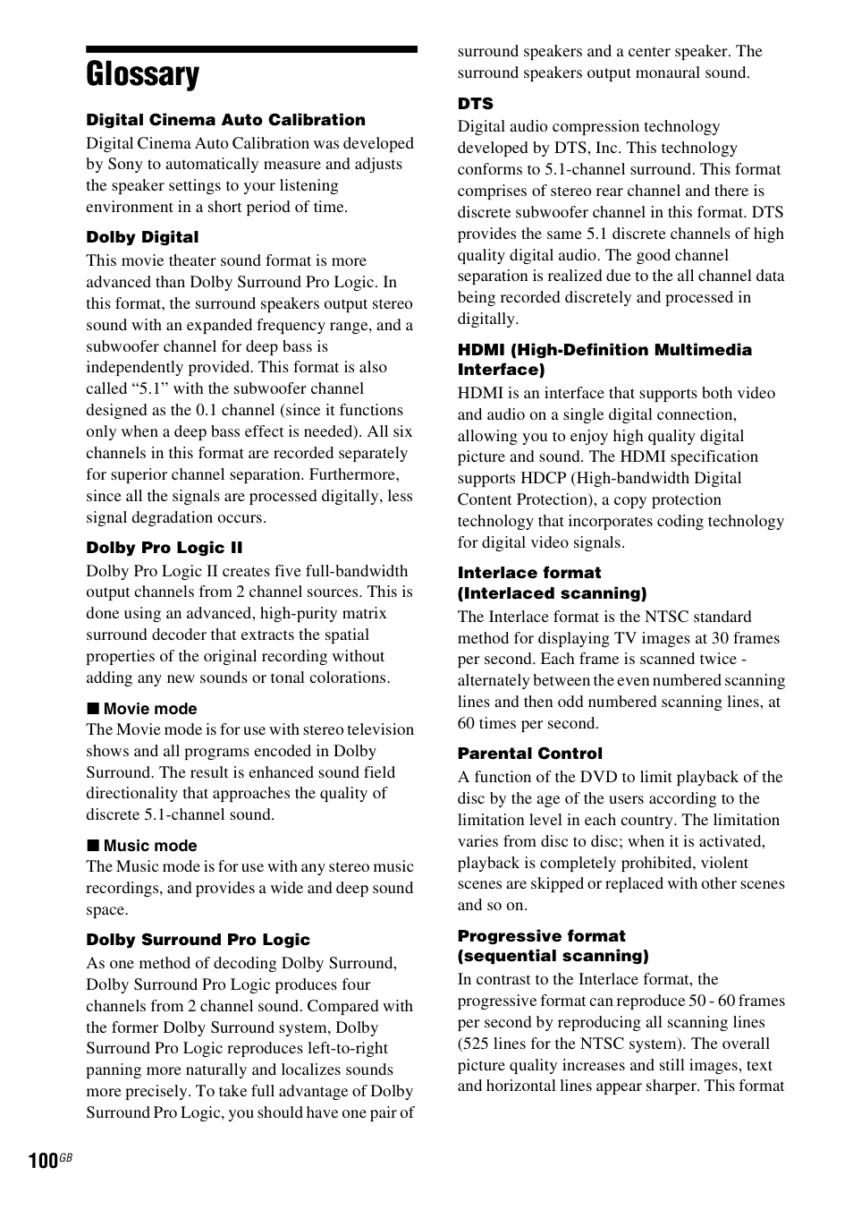 Glossary | Sony DAV-DZ270 User Manual | Page 100 / 112