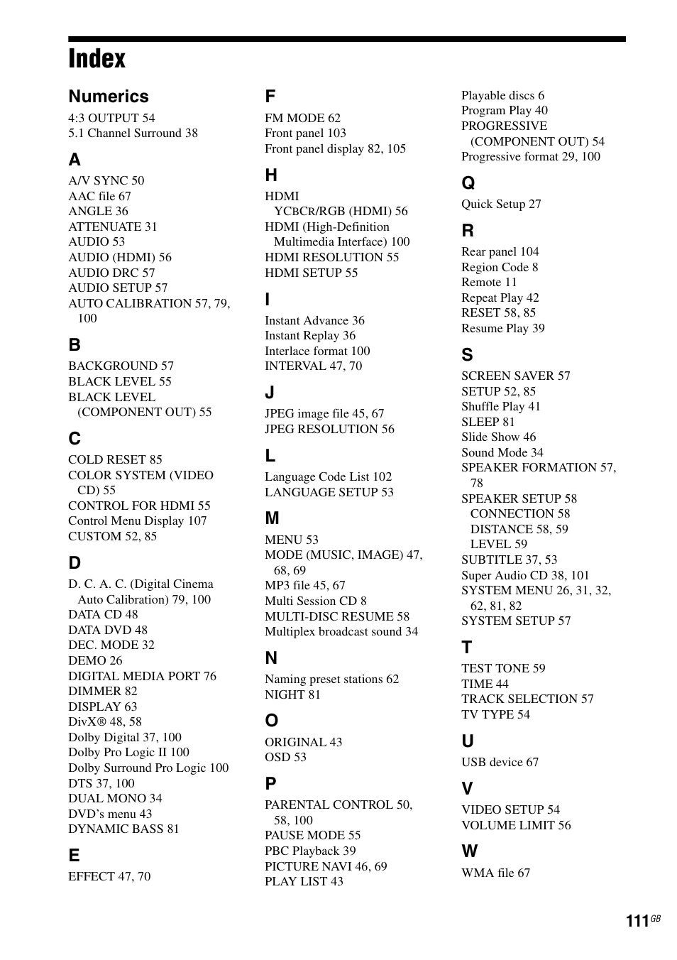 Index, Numerics | Sony DAV-DZ270 User Manual | Page 111 / 112