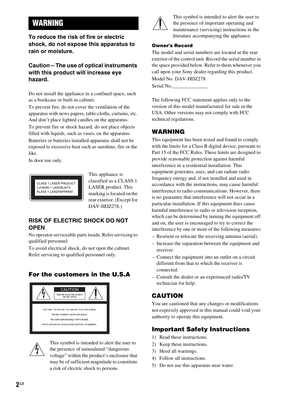 Warning | Sony DAV-DZ270 User Manual | Page 2 / 112