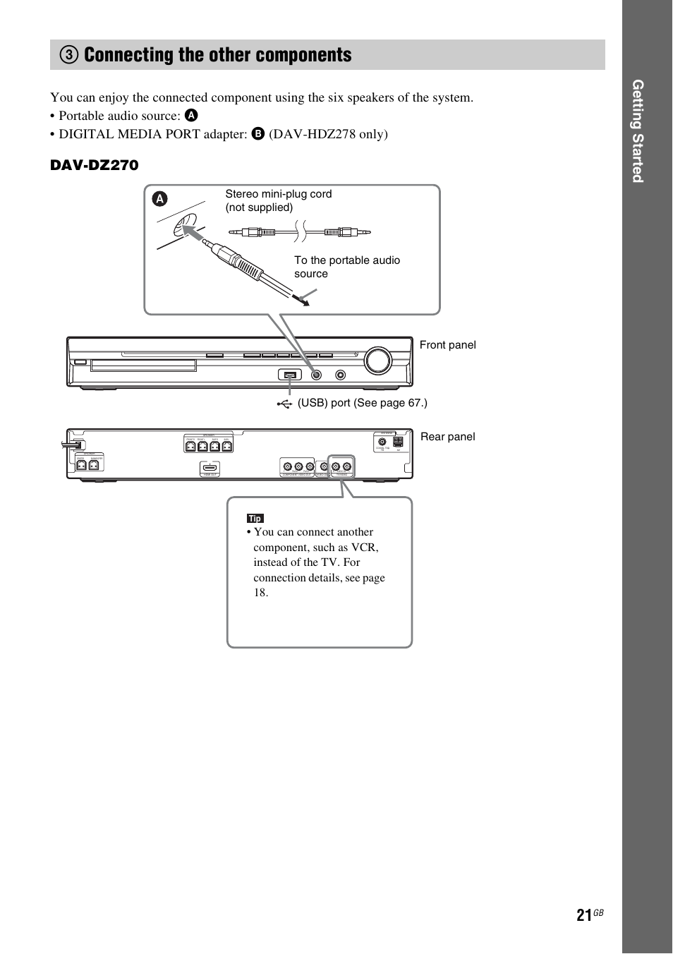 3 connecting the other components, 3connecting the other components, Ge tting star te d | Dav-dz270 | Sony DAV-DZ270 User Manual | Page 21 / 112