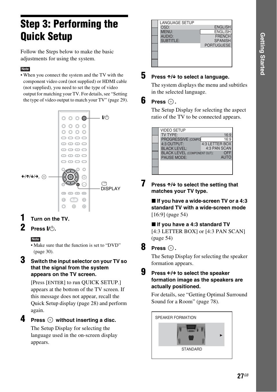 Step 3: performing the quick setup, Step 3: performing the quick, Setup | Sony DAV-DZ270 User Manual | Page 27 / 112