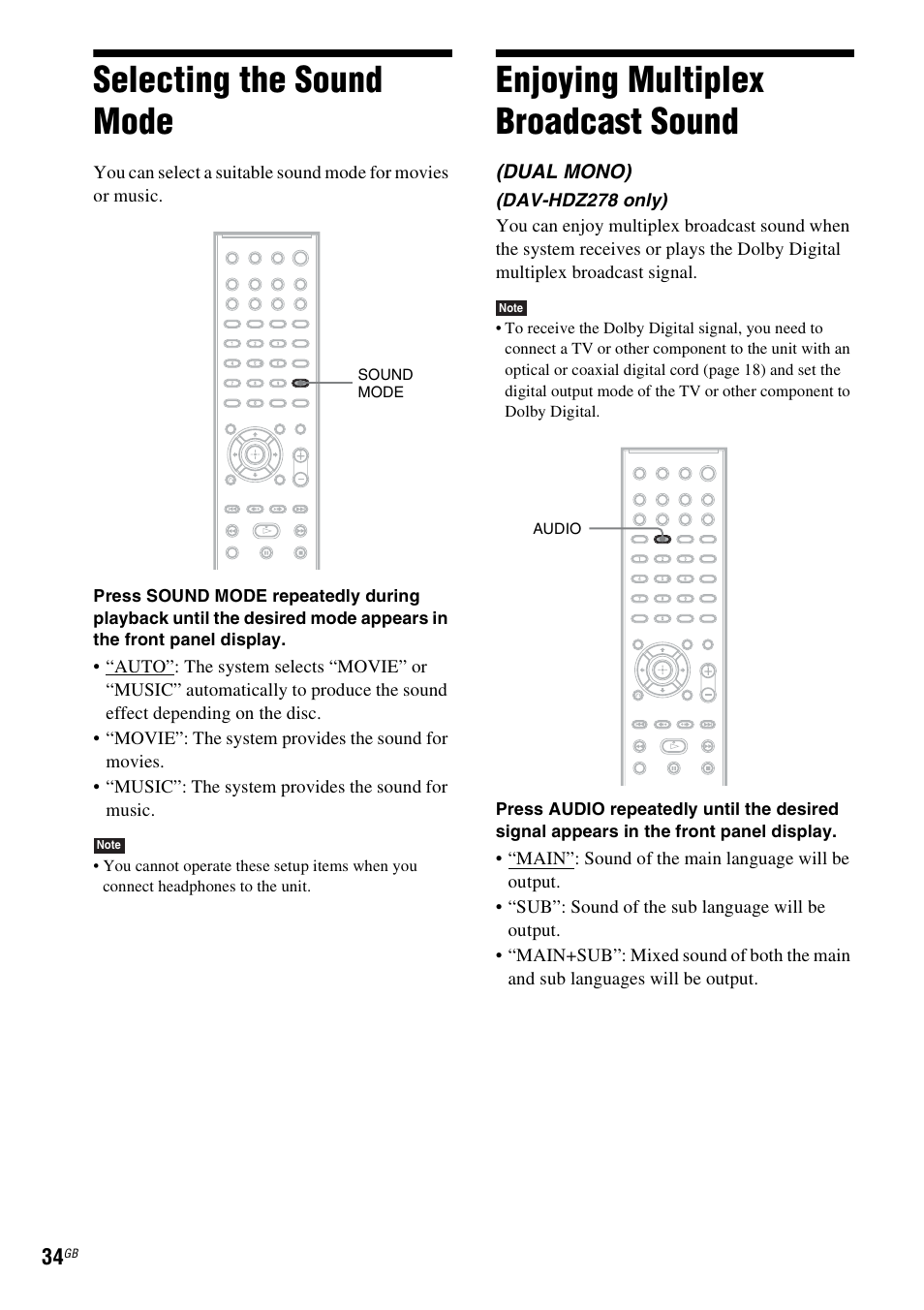 Selecting the sound mode, Enjoying multiplex broadcast sound | Sony DAV-DZ270 User Manual | Page 34 / 112