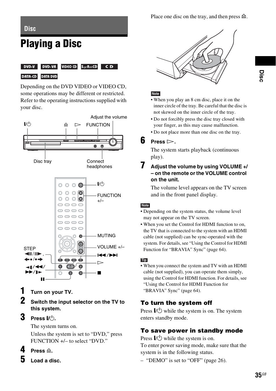 Disc, Playing a disc | Sony DAV-DZ270 User Manual | Page 35 / 112