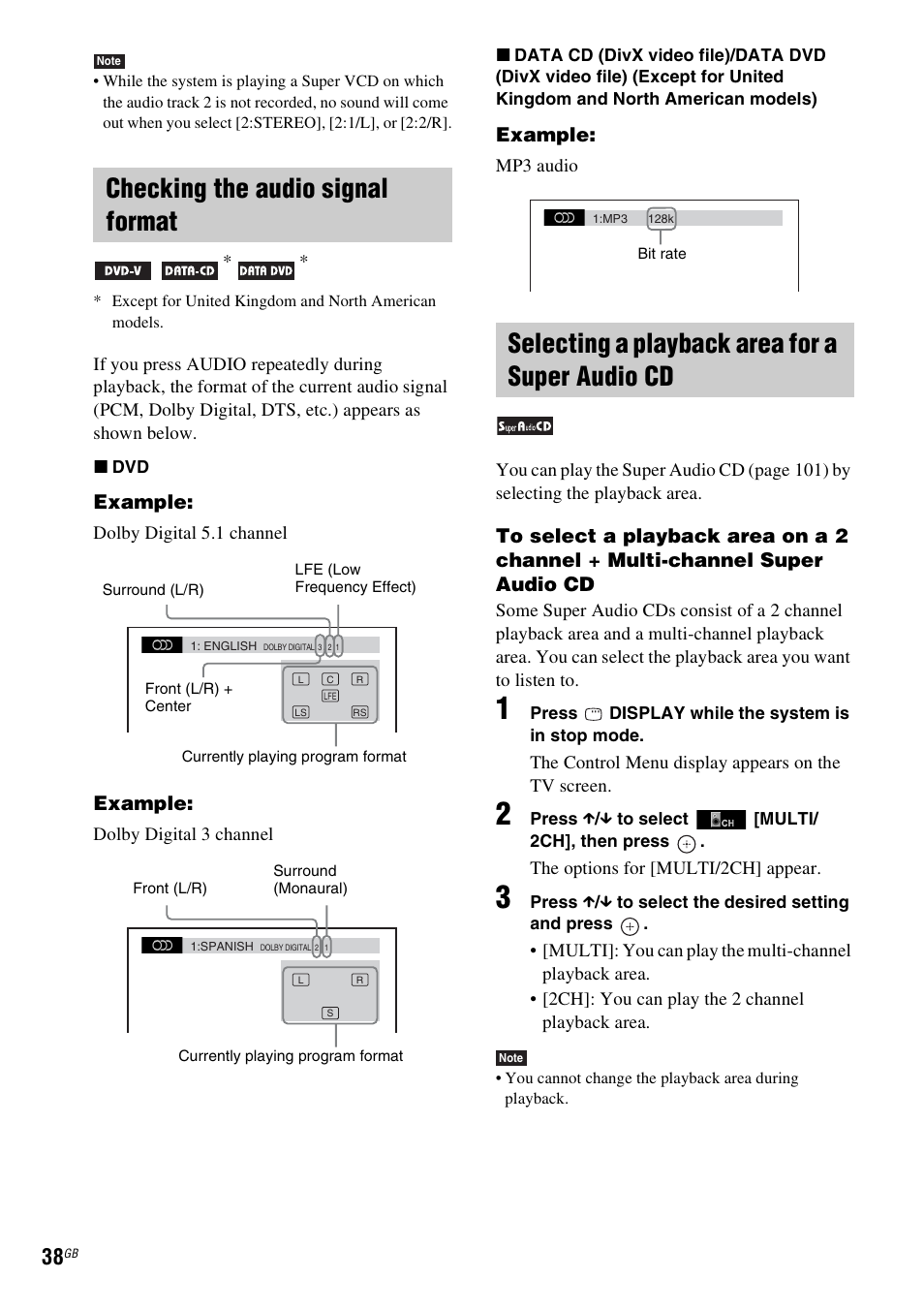 Checking the audio signal format, Selecting a playback area for a super audio cd | Sony DAV-DZ270 User Manual | Page 38 / 112