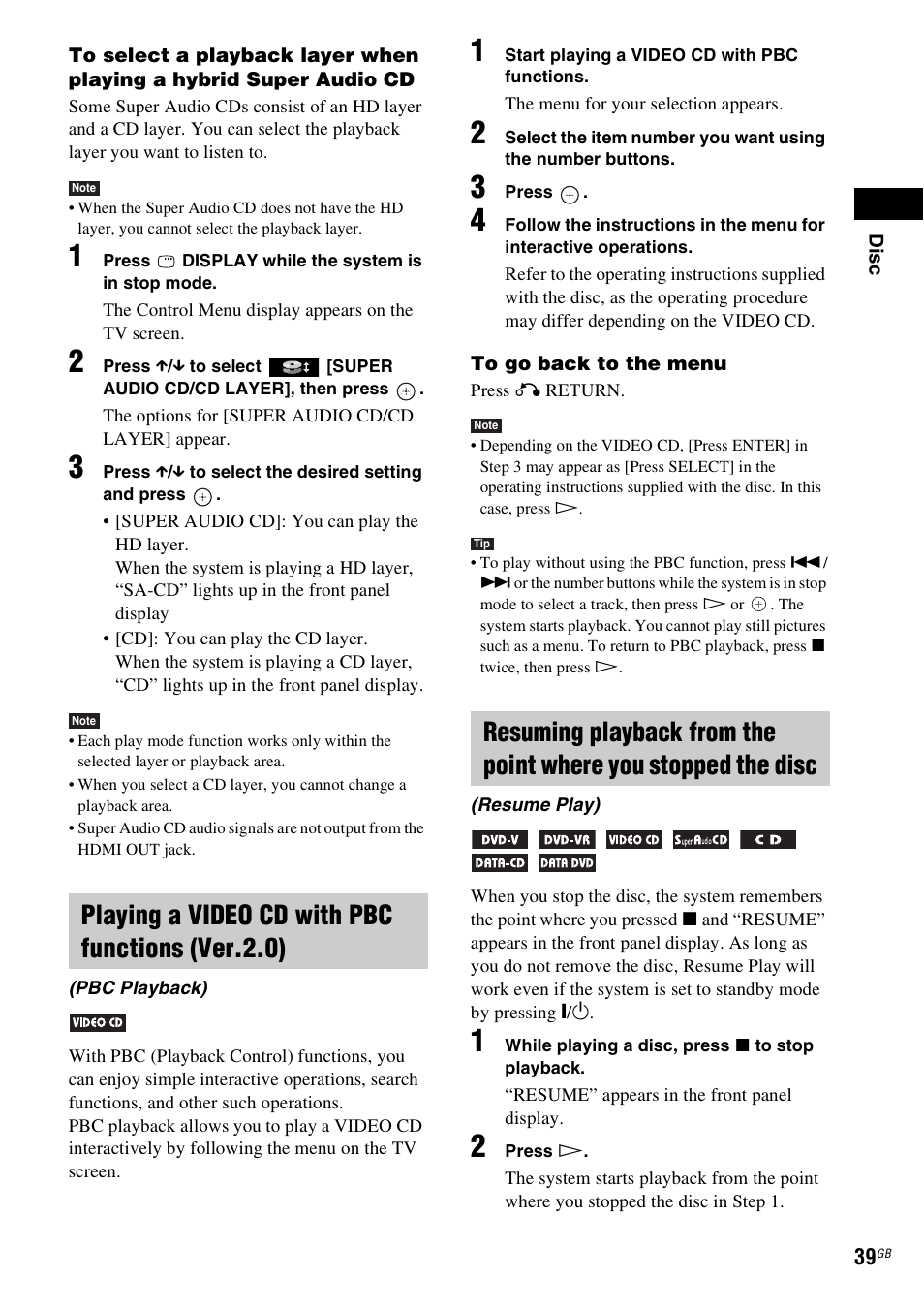 Playing a video cd with pbc functions (ver.2.0) | Sony DAV-DZ270 User Manual | Page 39 / 112