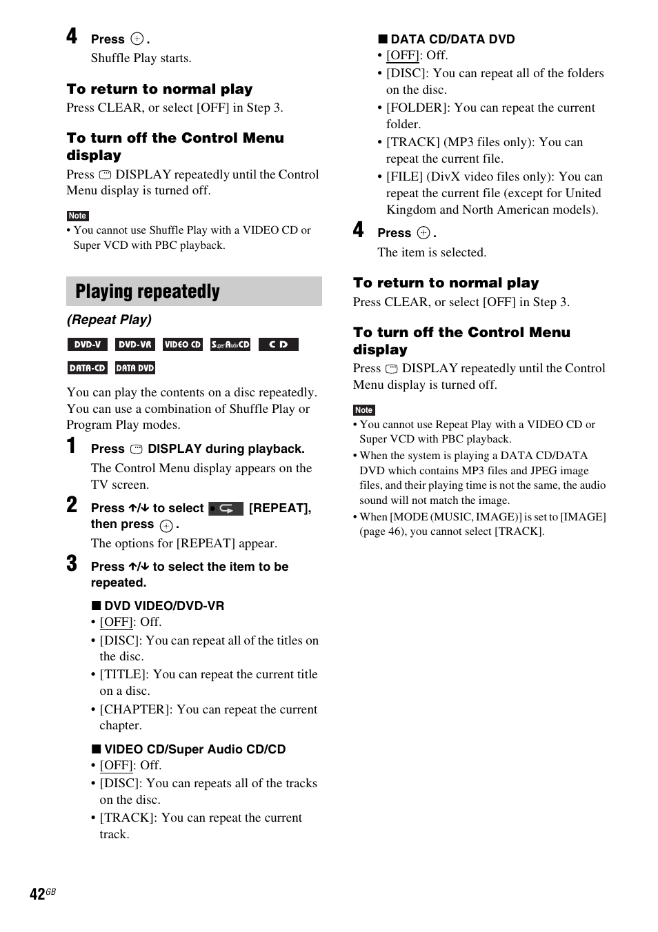 Playing repeatedly | Sony DAV-DZ270 User Manual | Page 42 / 112