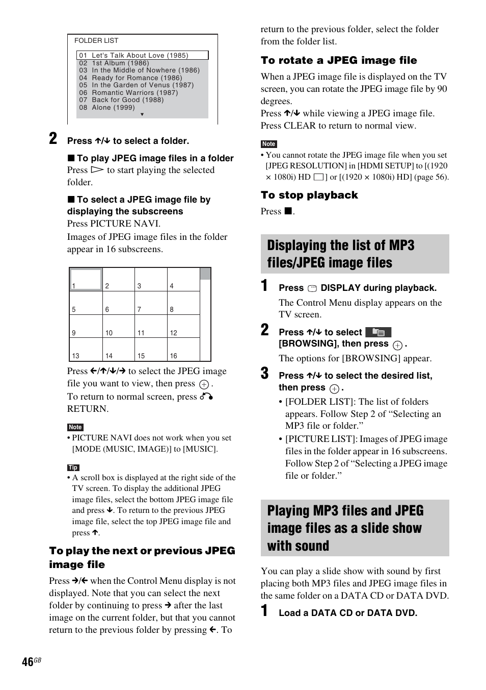 Displaying the list of mp3 files/jpeg image files | Sony DAV-DZ270 User Manual | Page 46 / 112