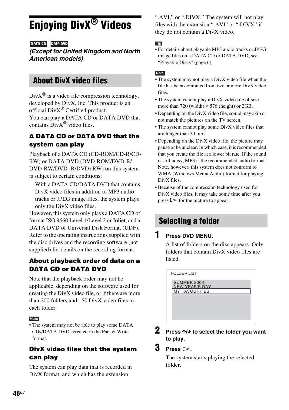 Enjoying divx® videos, About divx video files, Selecting a folder | Enjoying divx, Videos, About divx video files selecting a folder | Sony DAV-DZ270 User Manual | Page 48 / 112