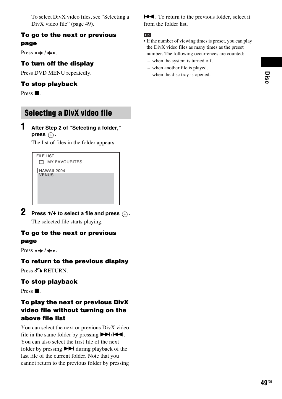 Selecting a divx video file | Sony DAV-DZ270 User Manual | Page 49 / 112