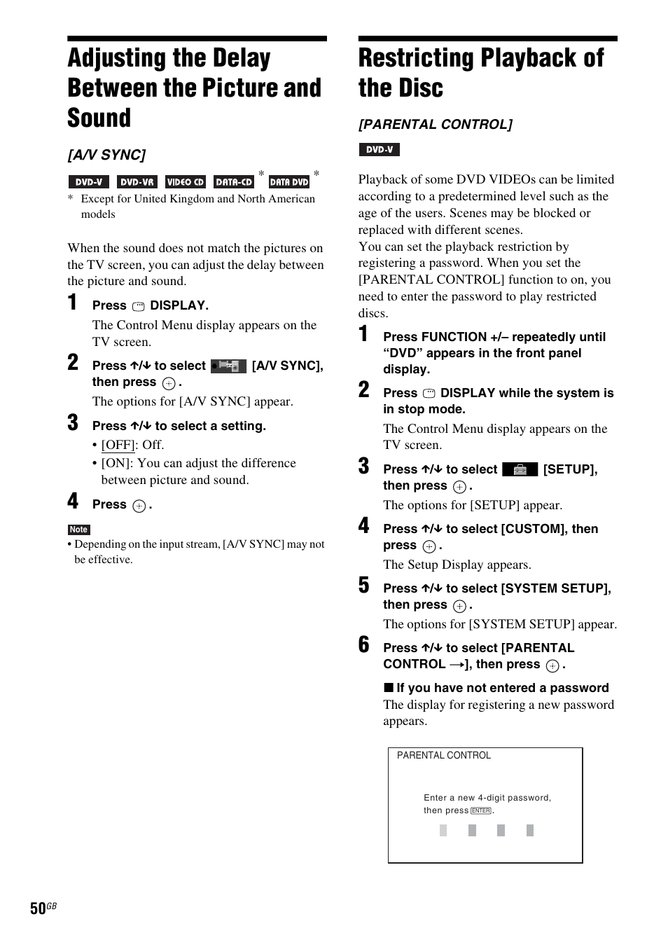 Adjusting the delay between the picture and sound, Restricting playback of the disc, Adjusting the delay between the picture | And sound | Sony DAV-DZ270 User Manual | Page 50 / 112