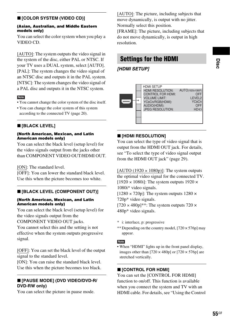 Settings for the hdmi, Dis c | Sony DAV-DZ270 User Manual | Page 55 / 112