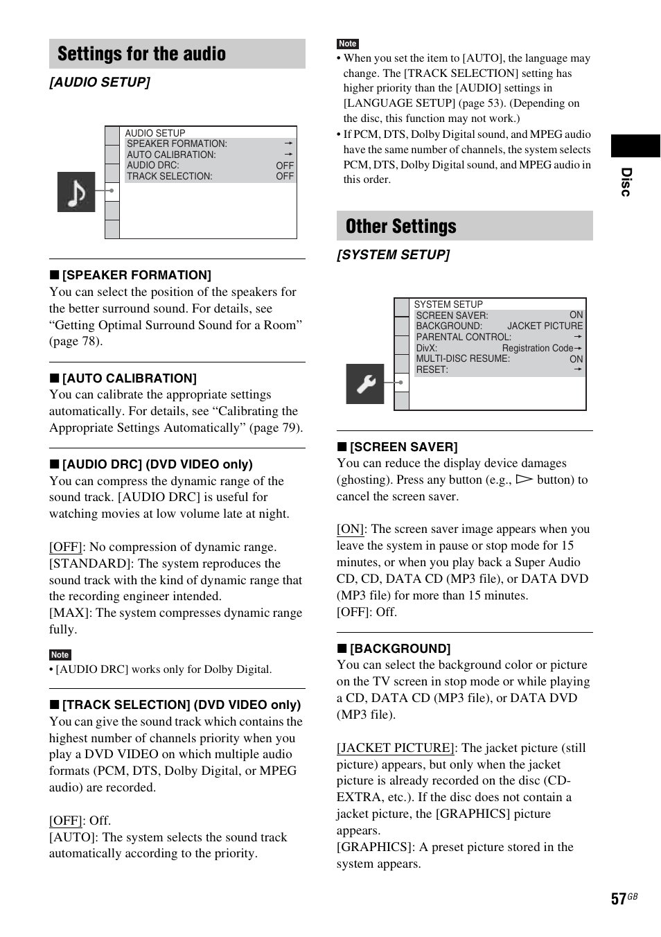 Settings for the audio, Other settings | Sony DAV-DZ270 User Manual | Page 57 / 112