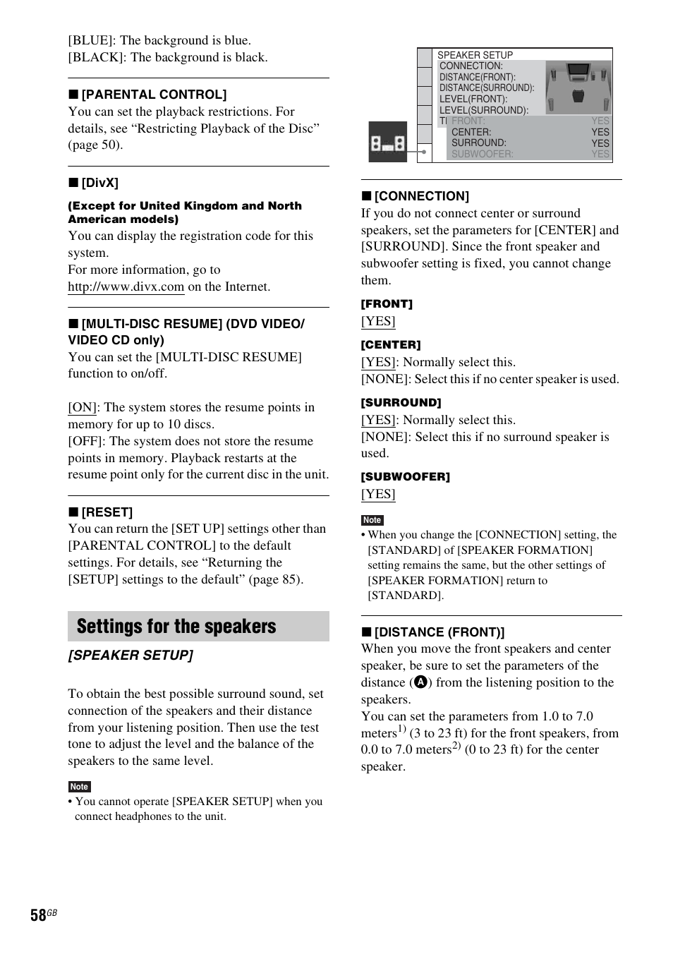 Settings for the speakers | Sony DAV-DZ270 User Manual | Page 58 / 112