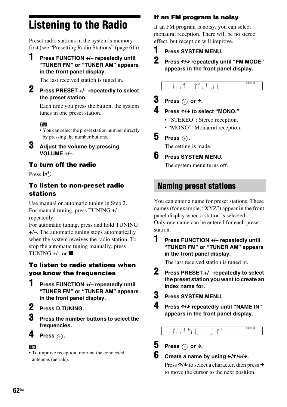 Listening to the radio, Naming preset stations | Sony DAV-DZ270 User Manual | Page 62 / 112