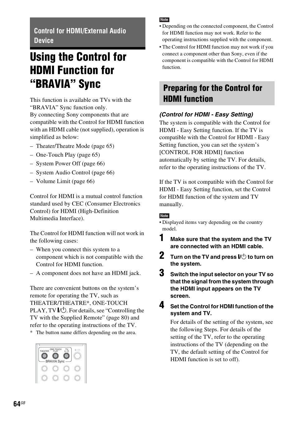 Control for hdmi/external audio device, Preparing for the control for hdmi function, Using the control for hdmi function for | Bravia” sync | Sony DAV-DZ270 User Manual | Page 64 / 112