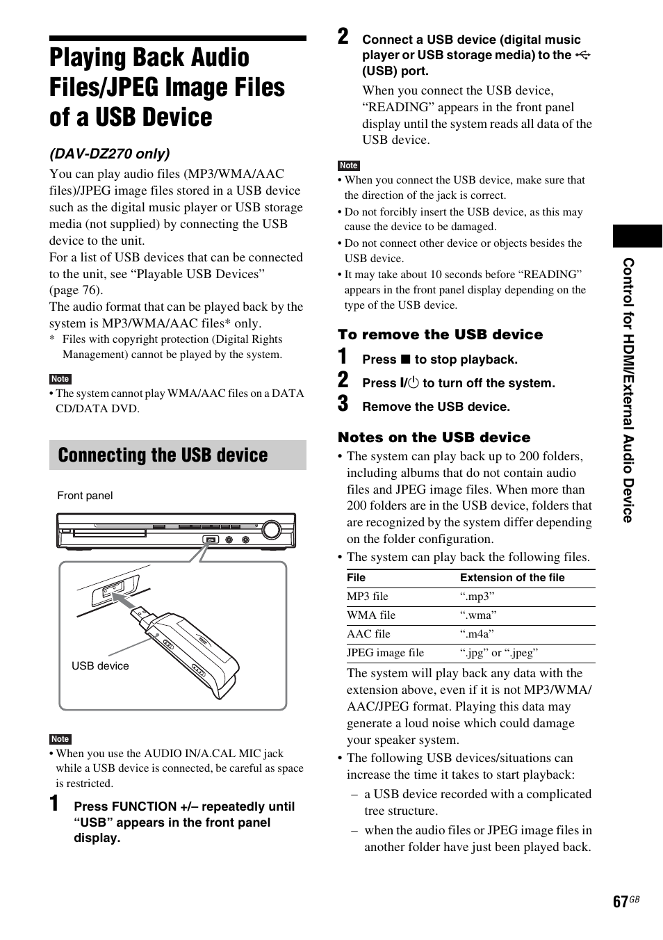 Connecting the usb device, Playing back audio files/jpeg image, Files of a usb device | Sony DAV-DZ270 User Manual | Page 67 / 112