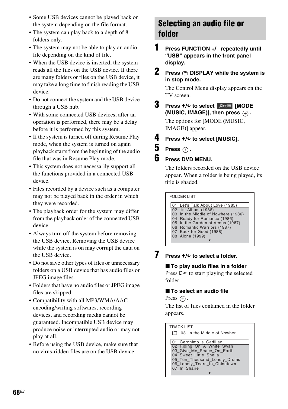 Selecting an audio file or folder | Sony DAV-DZ270 User Manual | Page 68 / 112