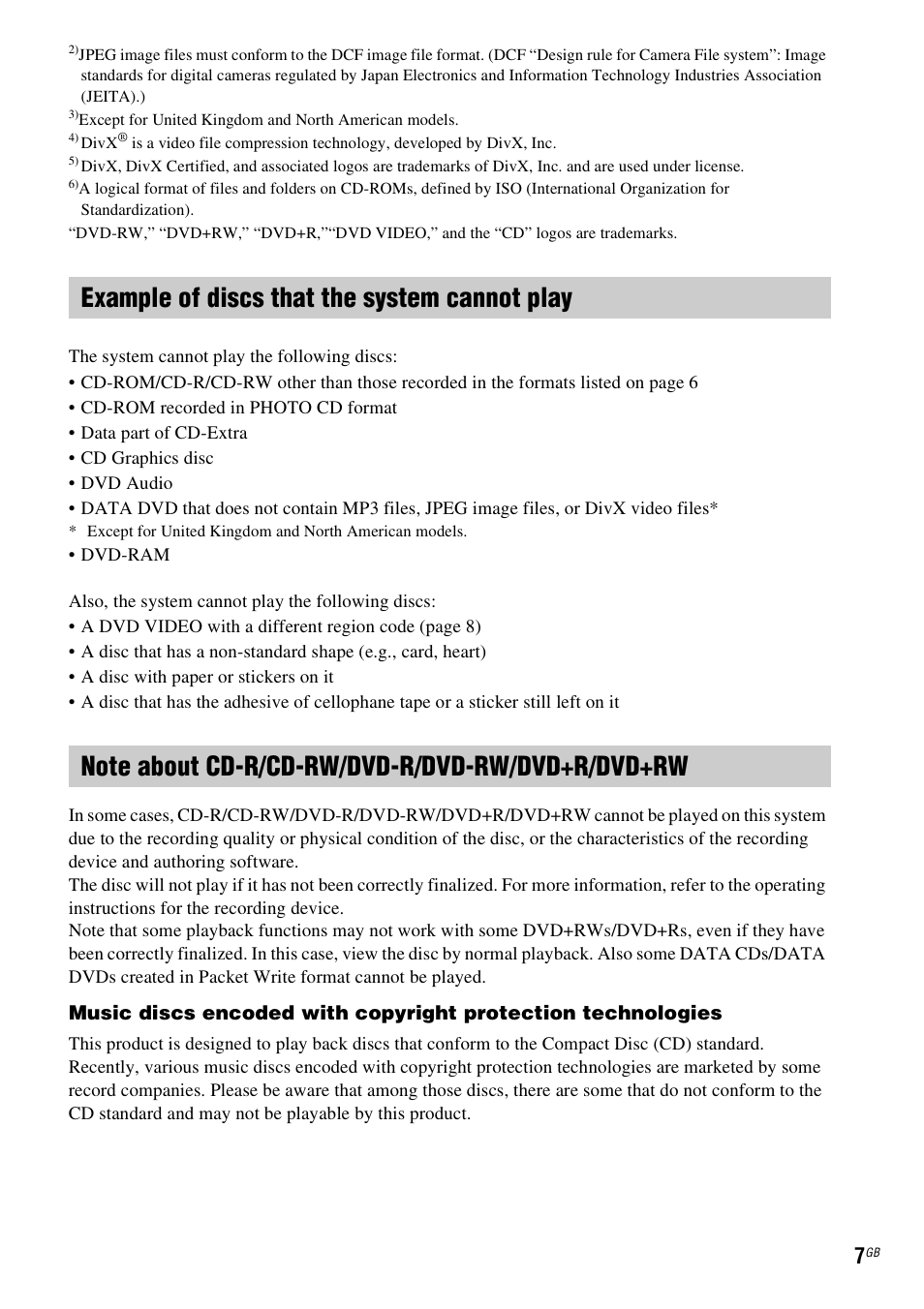 Example of discs that the system cannot play, Note about cd-r/cd-rw/dvd-r/dvd-rw/dvd+r/dvd+rw | Sony DAV-DZ270 User Manual | Page 7 / 112