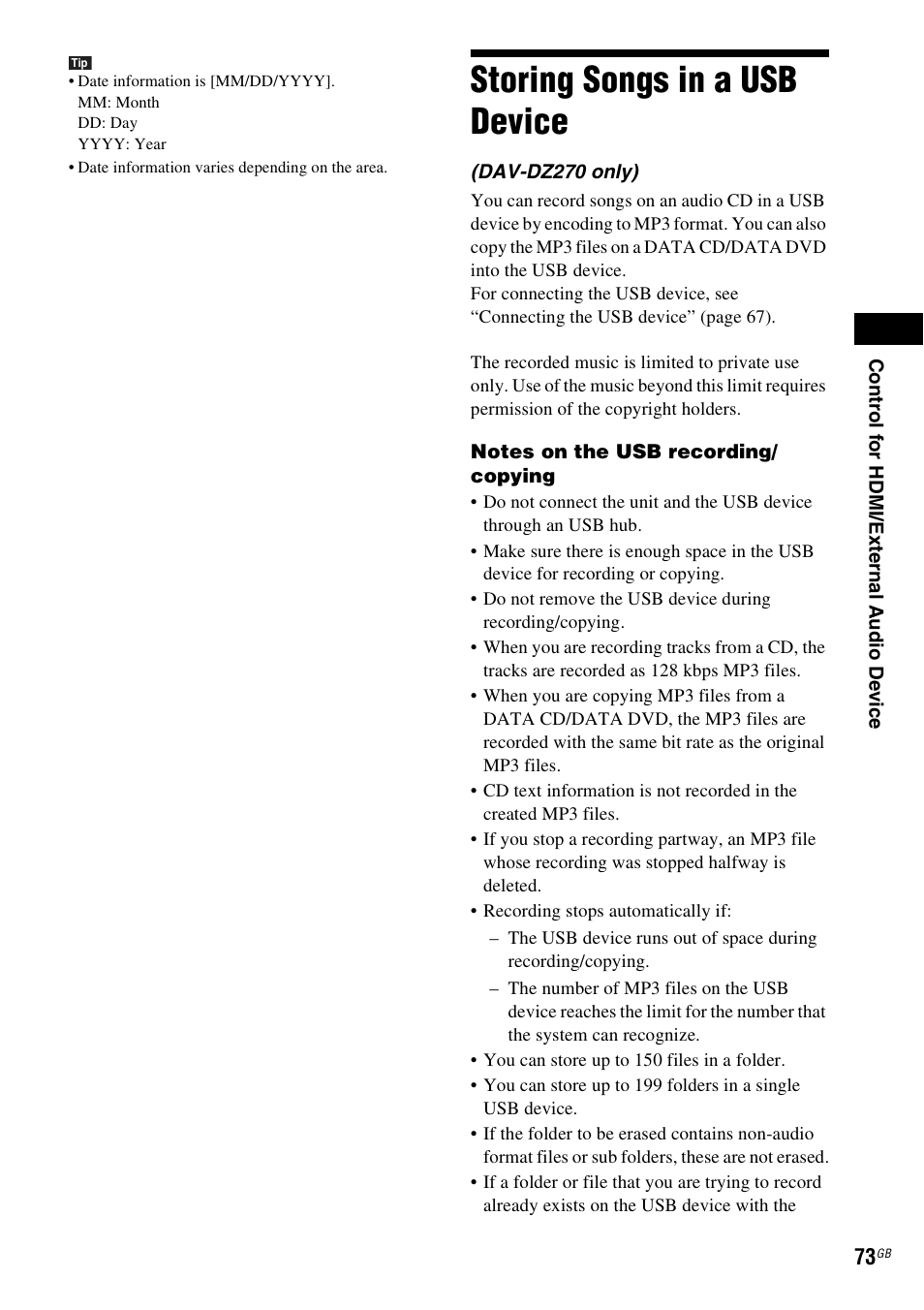 Storing songs in a usb device | Sony DAV-DZ270 User Manual | Page 73 / 112